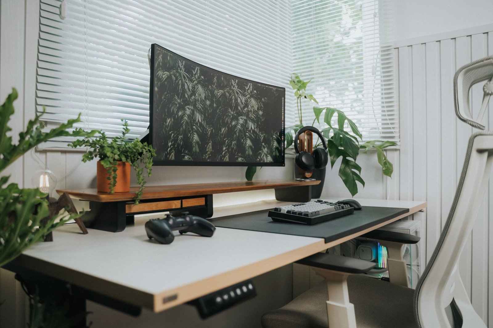 Modern computer workstation desk layout setup