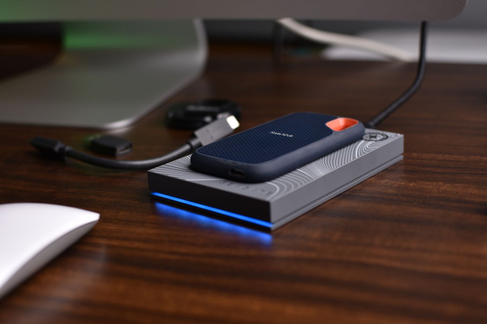 Sleek external portable SSD drive.