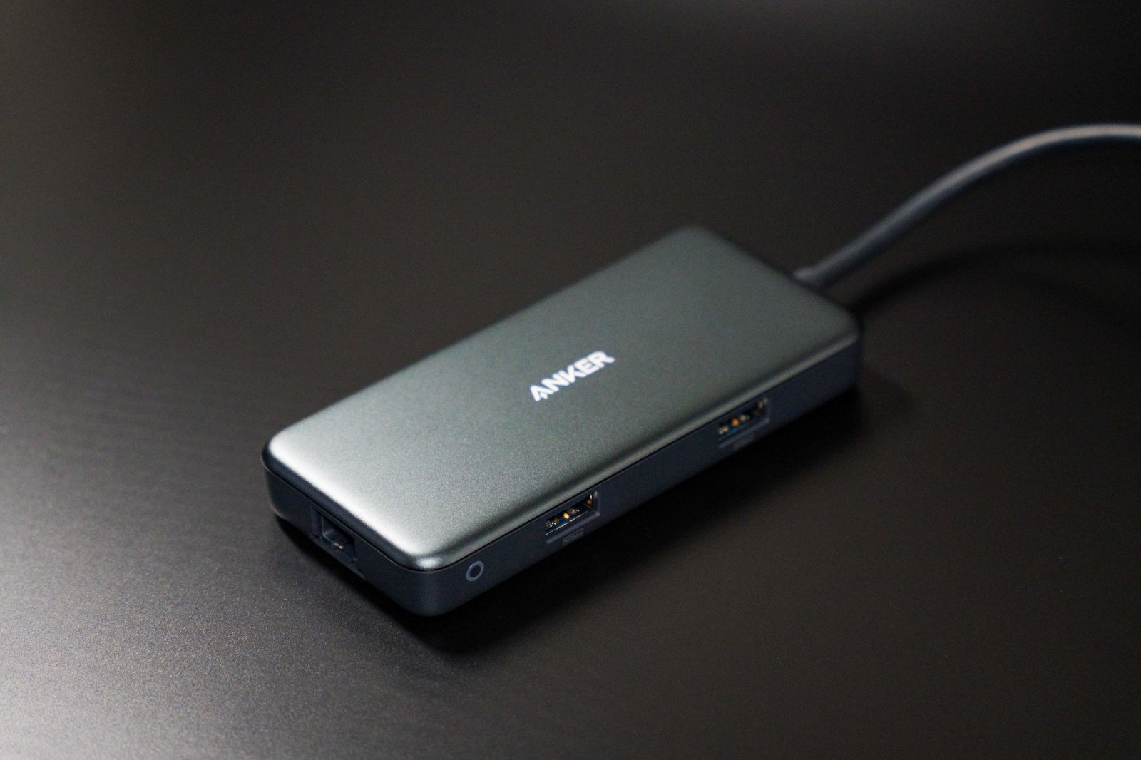 Close-up view of the ports on an Anker Thunderbolt 4 hub.