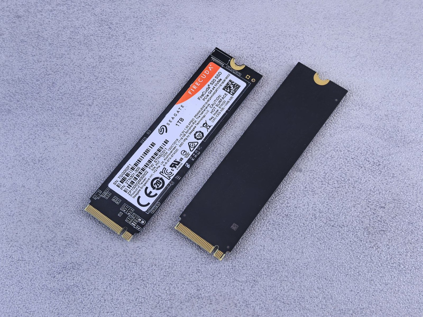 Close-up of an NVMe M.2 SSD installed on a computer motherboard.