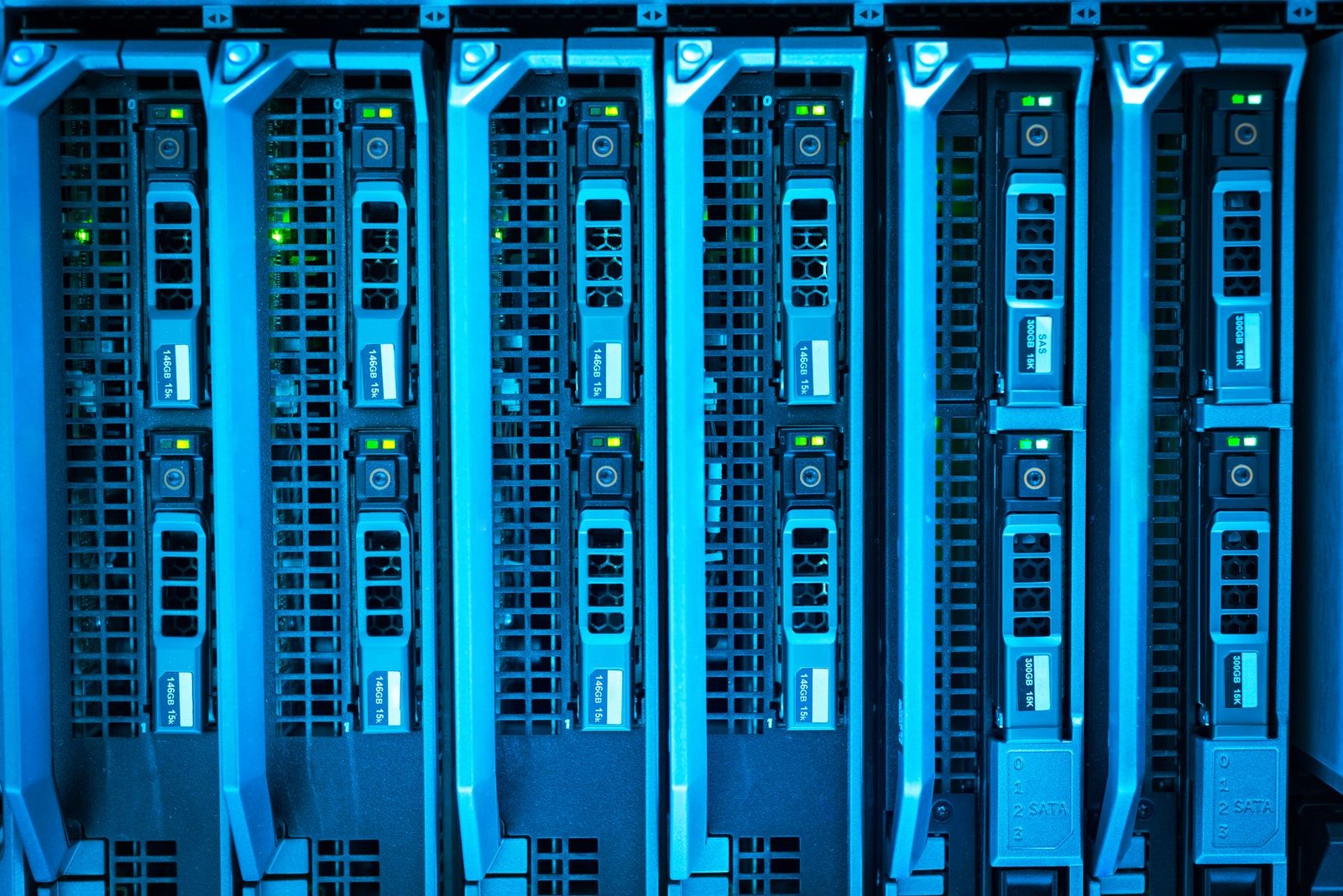 Various computer server hardware components arranged neatly.