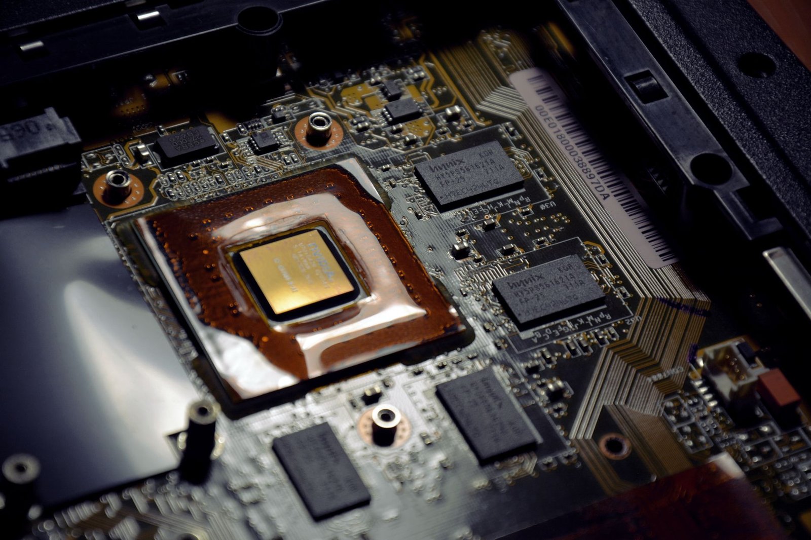 Close-up view of an Apple M-series silicon chip