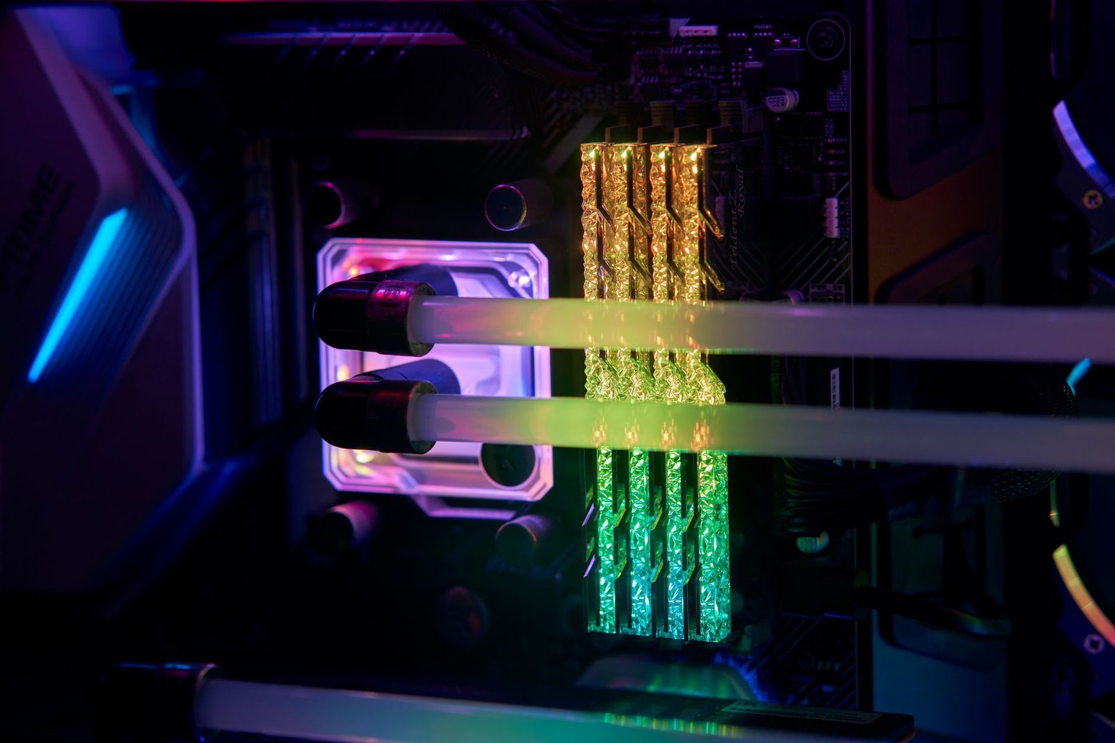 Internal view of a modern gaming PC showing GPU, RAM, and motherboard
